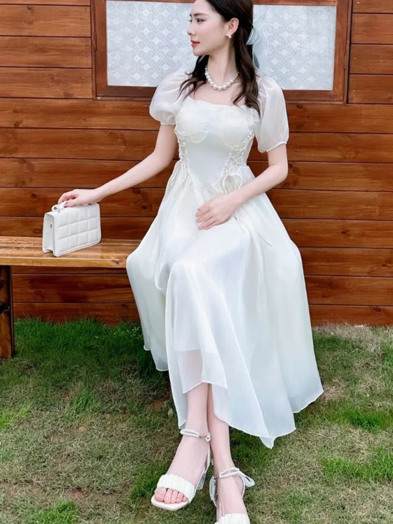Elegant Beige Midi Dress with Puff Sleeves for Summer - Image 5