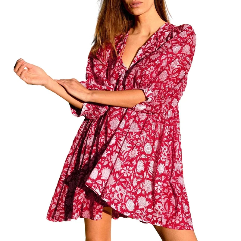 Elegant Floral Pleated Lantern Sleeve Mini Dress for Beach Holidays - Image 9