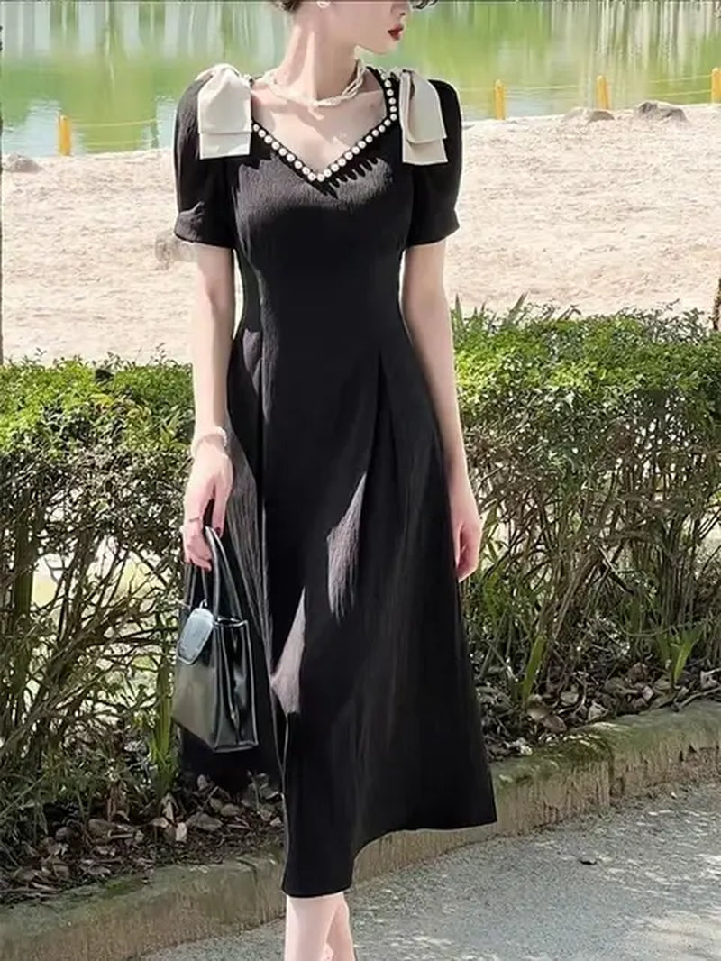 Elegant Black Summer Dress with Pearl V-Neck for Women