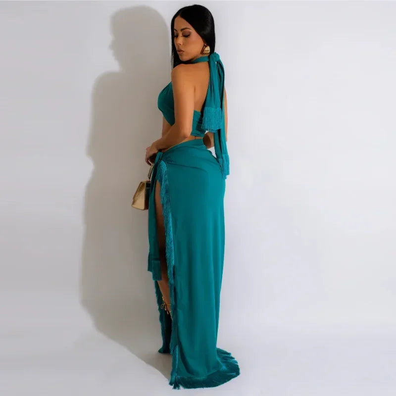 Chic Summer Women's Halter Neck Crop Top & Midi Skirt Set - Image 3