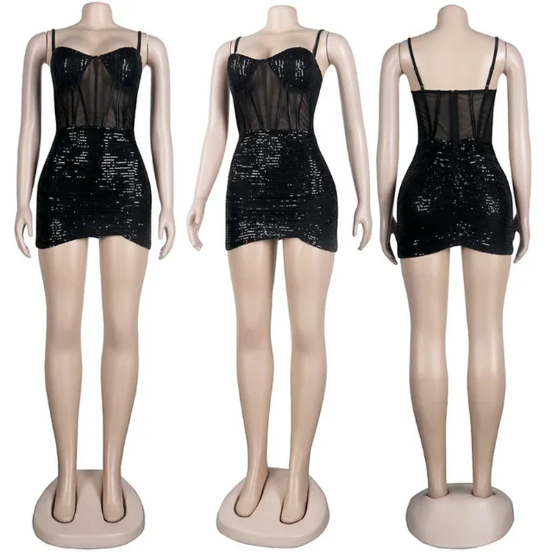 Sexy Backless Sequined Mesh Bodycon Dress for Parties