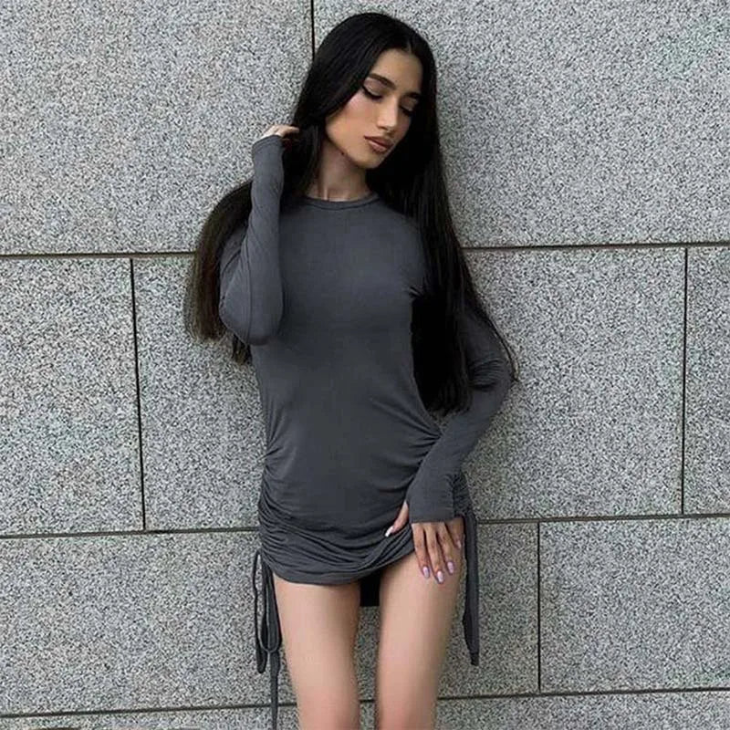 Ruched Black Long Sleeve Bodycon Mini Dress for Women - Image 4