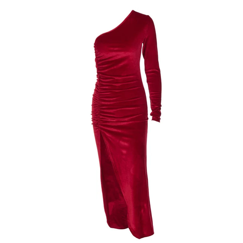 Elegant Velvet Long Sleeve Midi Dress with Split Detail