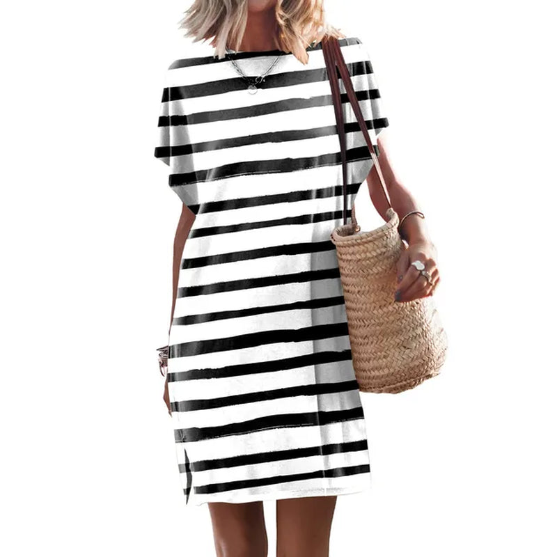 Women's Casual Striped Beach Dress - Short Sleeve & Loose Fit