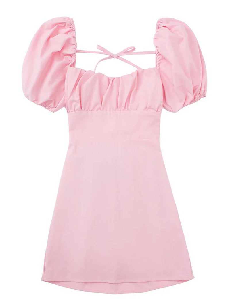 Chic White Linen Blend Dress with Puff Sleeves - Image 4