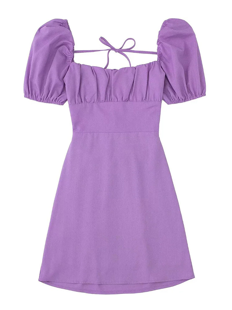 Chic White Linen Blend Dress with Puff Sleeves - Image 4