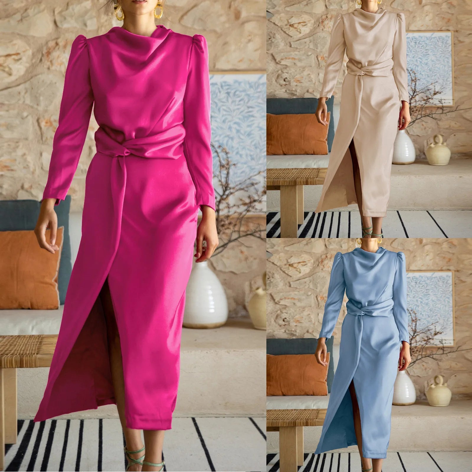 Elegant Satin Long Sleeve Maxi Dress with Split Detail - Image 5