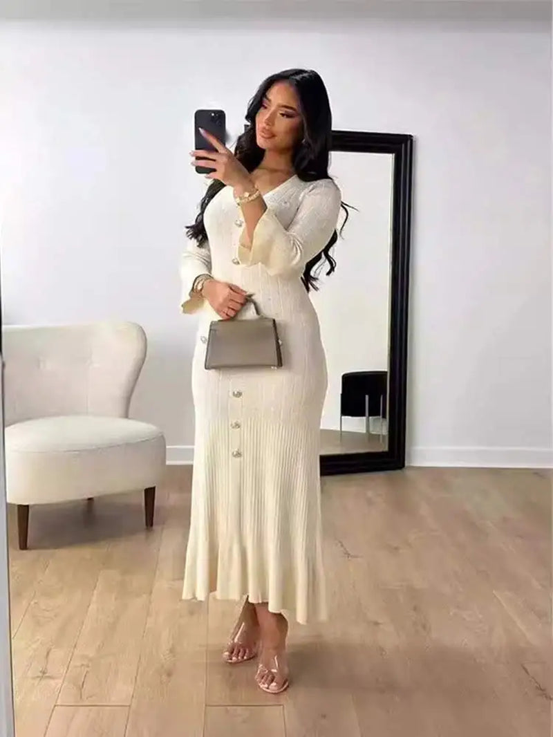 Elegant V-Neck Ruffle Hem Solid Knit Midi Dress - Image 4