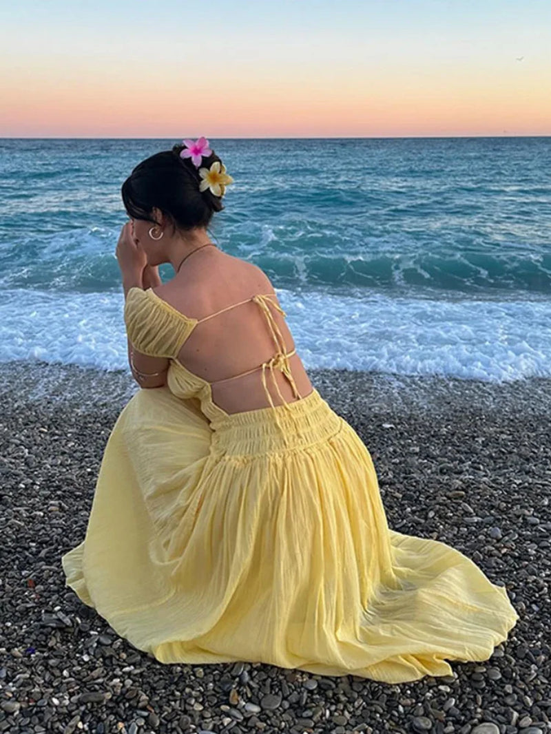 Yellow Backless Lace-Up Maxi Dress for Summer Beach - Image 2