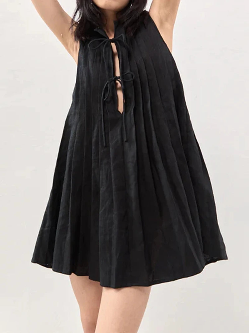 Elegant Black Hollow Out Lace-Up Mini Dress for Women - Image 3
