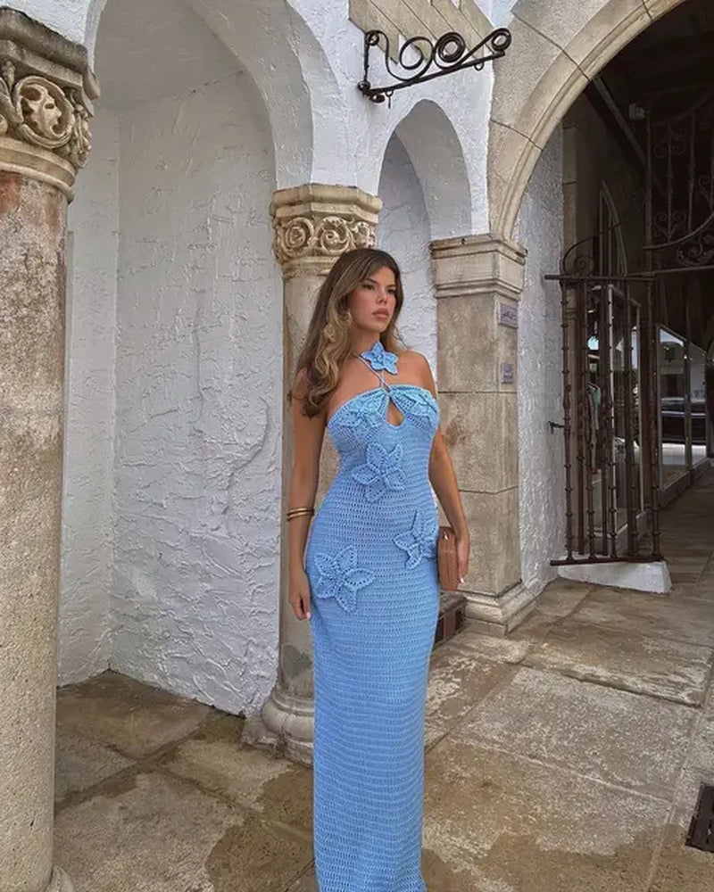 Elegant 3D Flower Crochet Backless Halter Dress for Women - Image 2