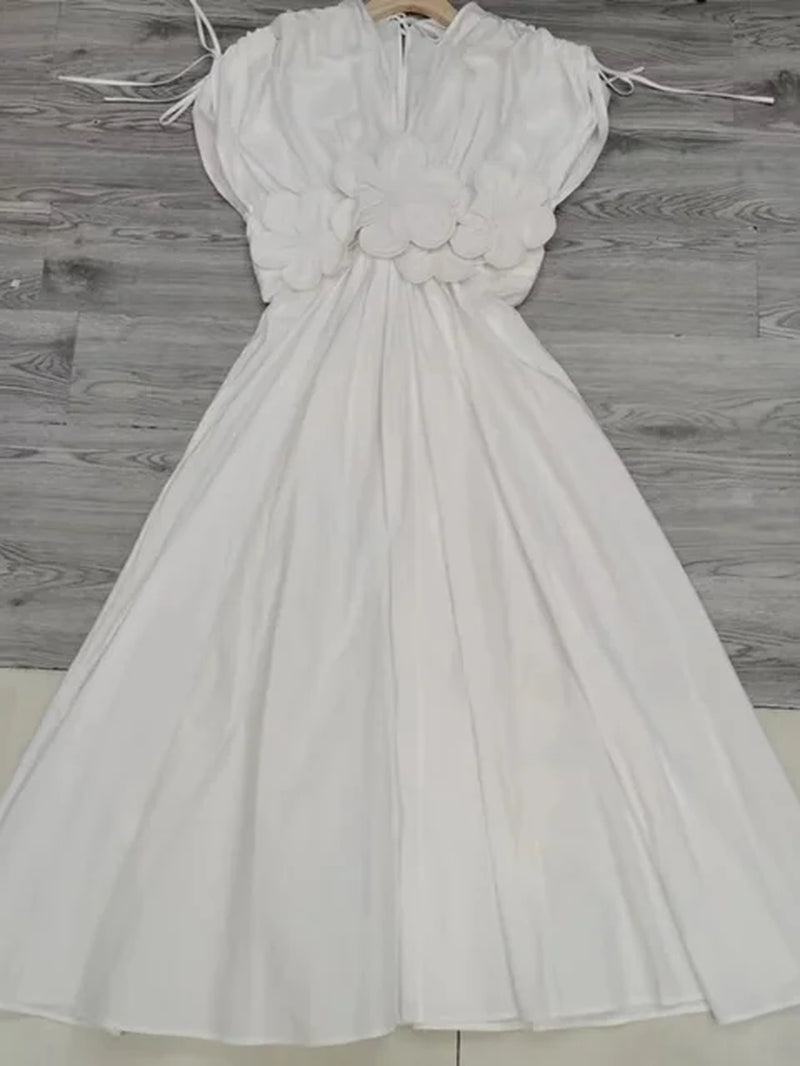 Elegant V-Neck Puff Sleeve Pleated Maxi Dress for Women - Image 9