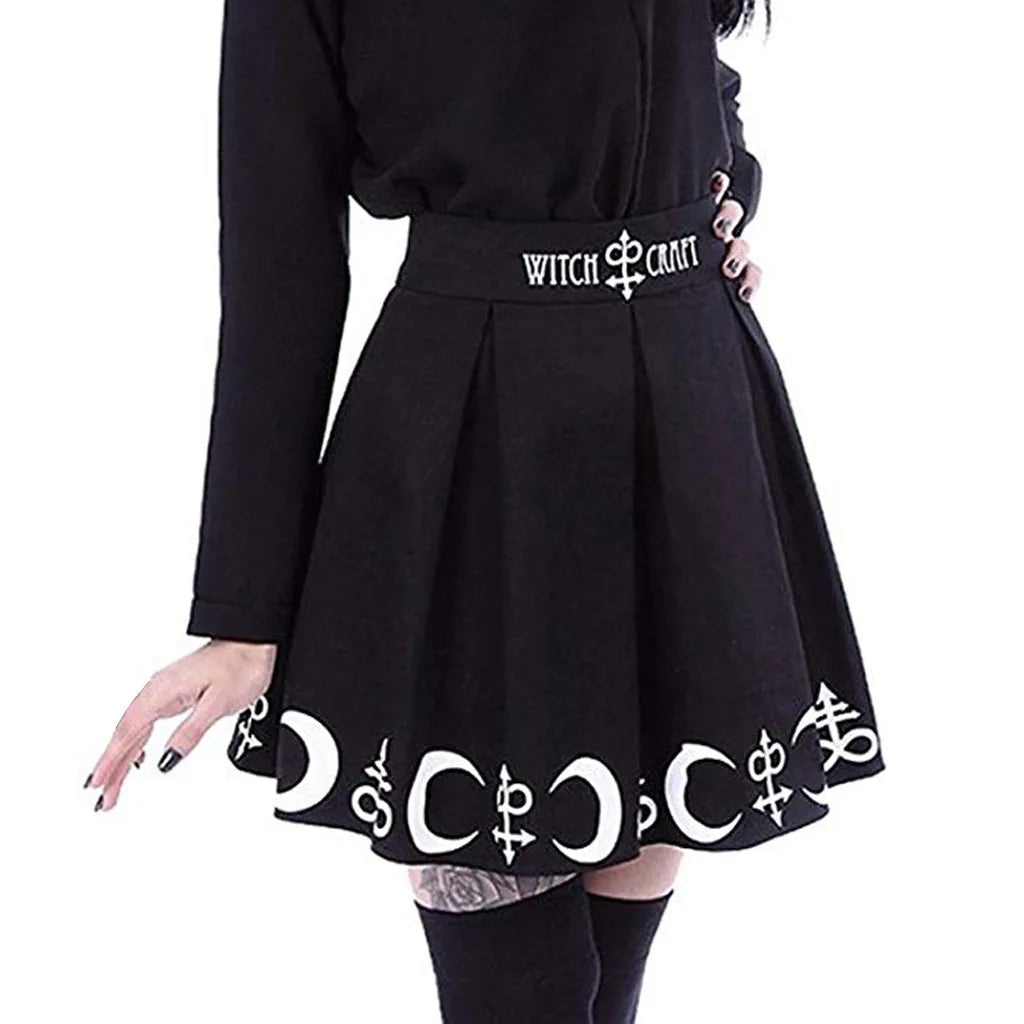 Gothic Punk Pleated Mini Skirt with Moon Spell Design - Image 2