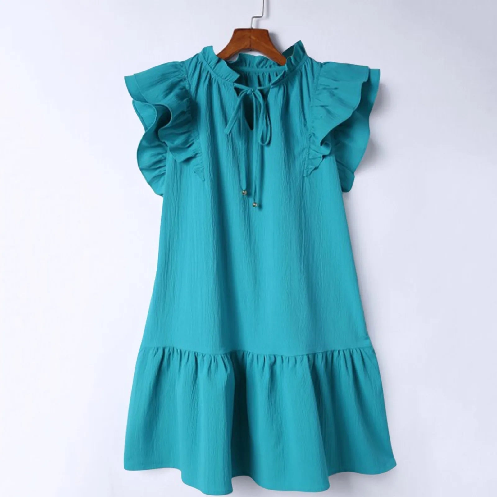 Summer Short Sleeve Plain Color Flounce Dress with Pockets - Image 8