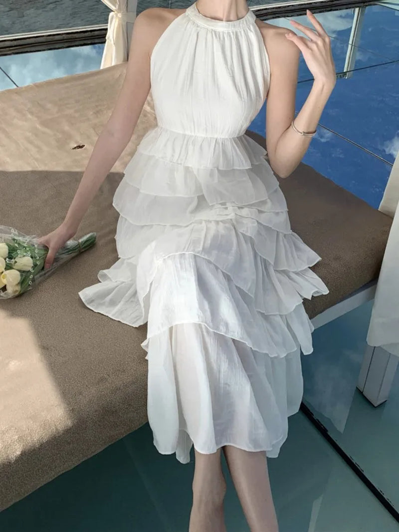 Summery White Halter Midi Dress with Ruffles and A-Line - Image 4