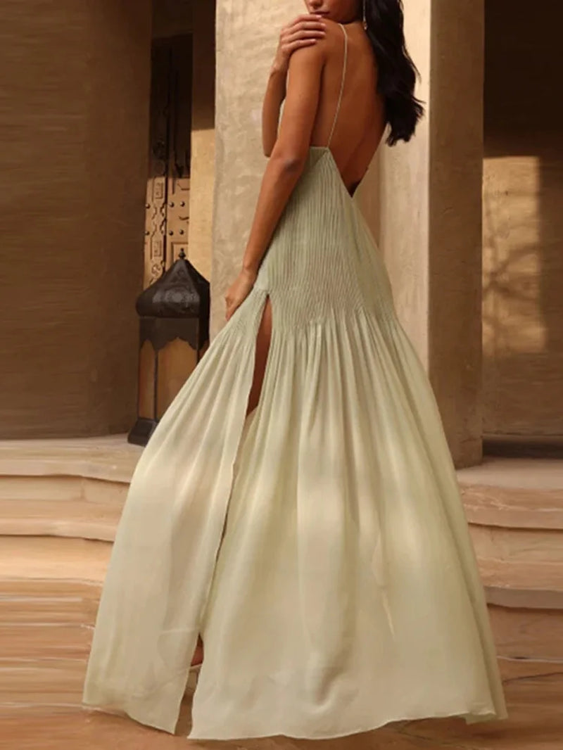 Chic Backless Pleated V-Neck Sleeveless Dress for Summer - Image 7