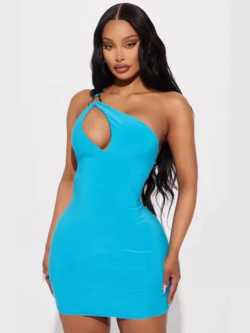 Oblique Shoulder Sleeveless Backless Bodycon Mini Dress - Image 6
