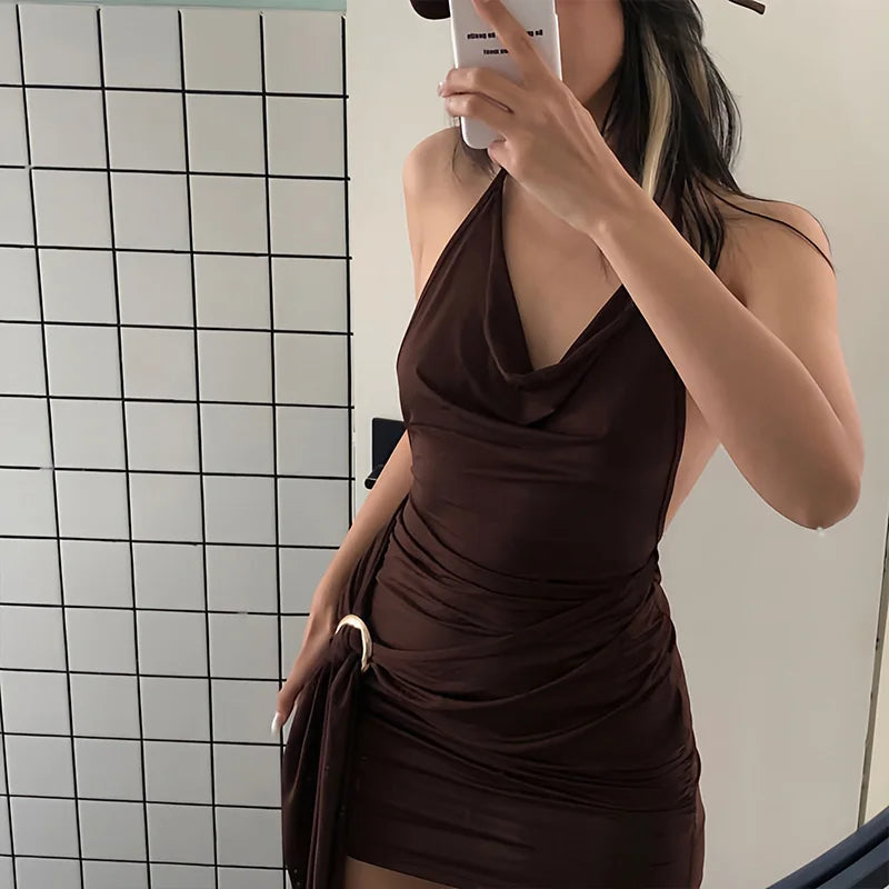 Sleek Halter Neck Backless Solid Color Mini Dress - Image 6