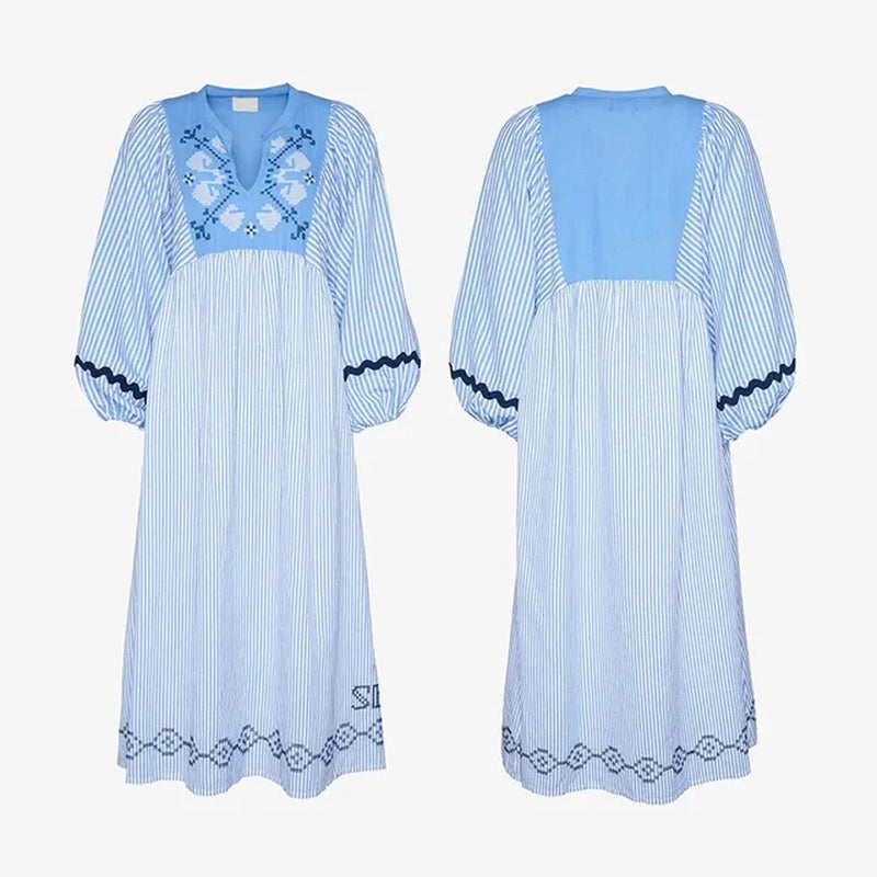 Chic Embroidered Lantern Sleeve Striped Dress for Women