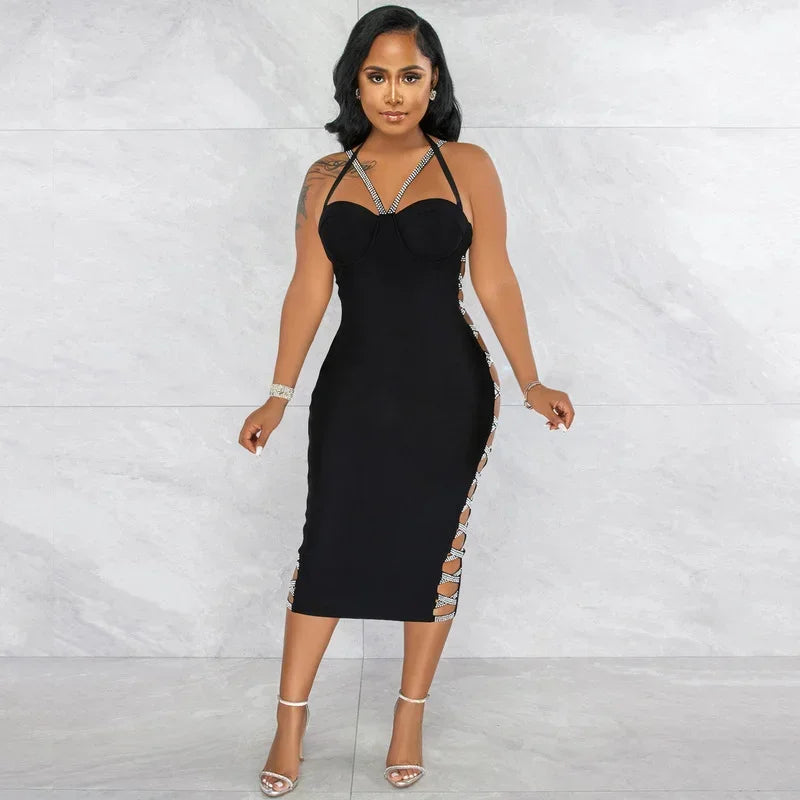 Elegant Black Rhinestone Straps Midi Dress for Parties - Image 3