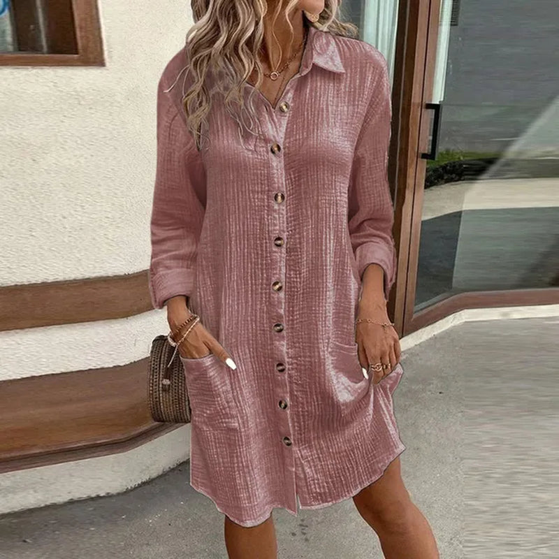 Women's Casual V-Neck Button Linen Shirt Dress