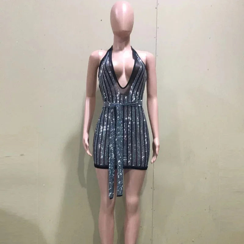 Sexy Rhinestone Halter Neck Bodycon Dress for Parties - Image 4