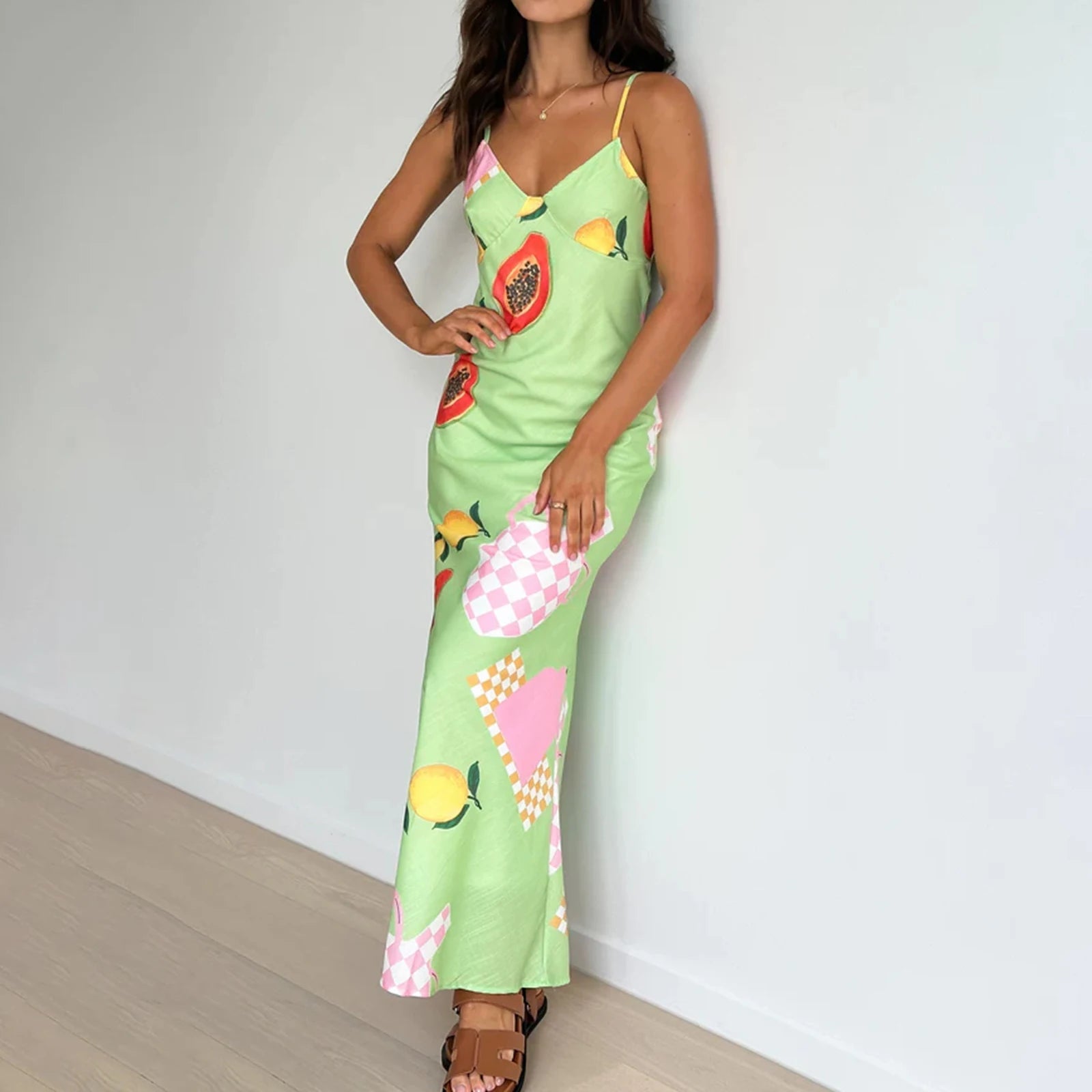 Summer Spaghetti Strap Fruit Print Swing Dress - Image 4