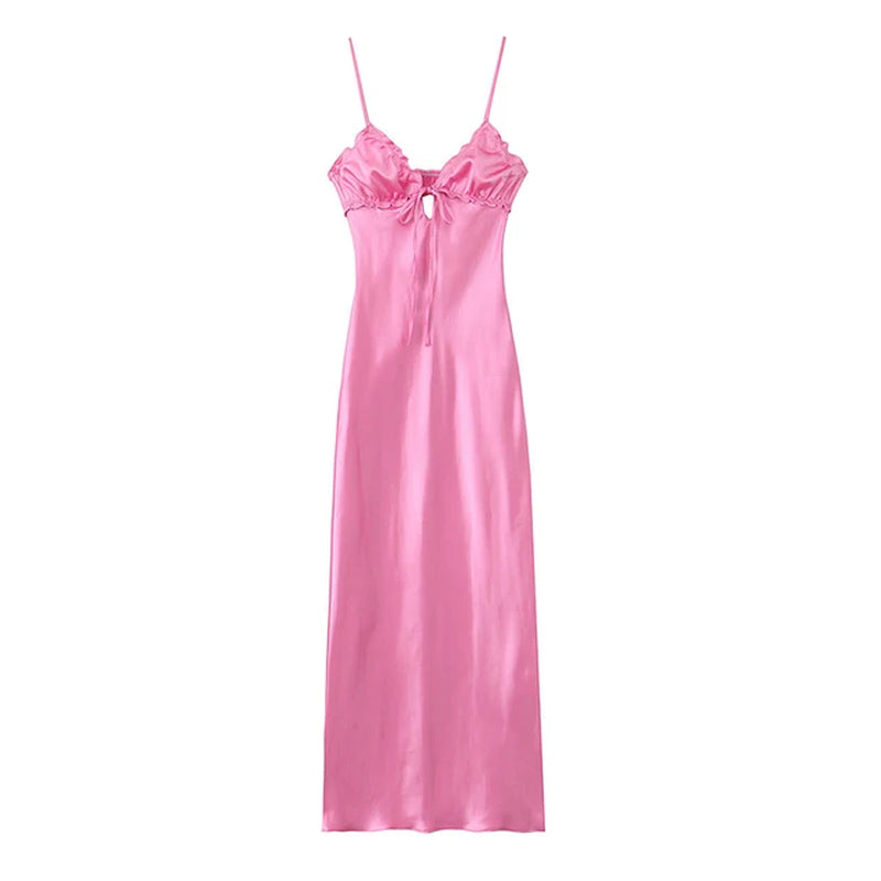 Elegant Satin Sling Midi Dress with Bow - Summer Party Fashion - Image 9