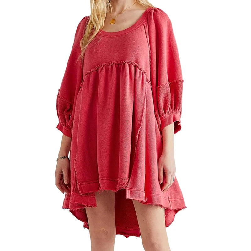 Oversized A-Line Patchwork Dress with Lantern Sleeves - Image 10