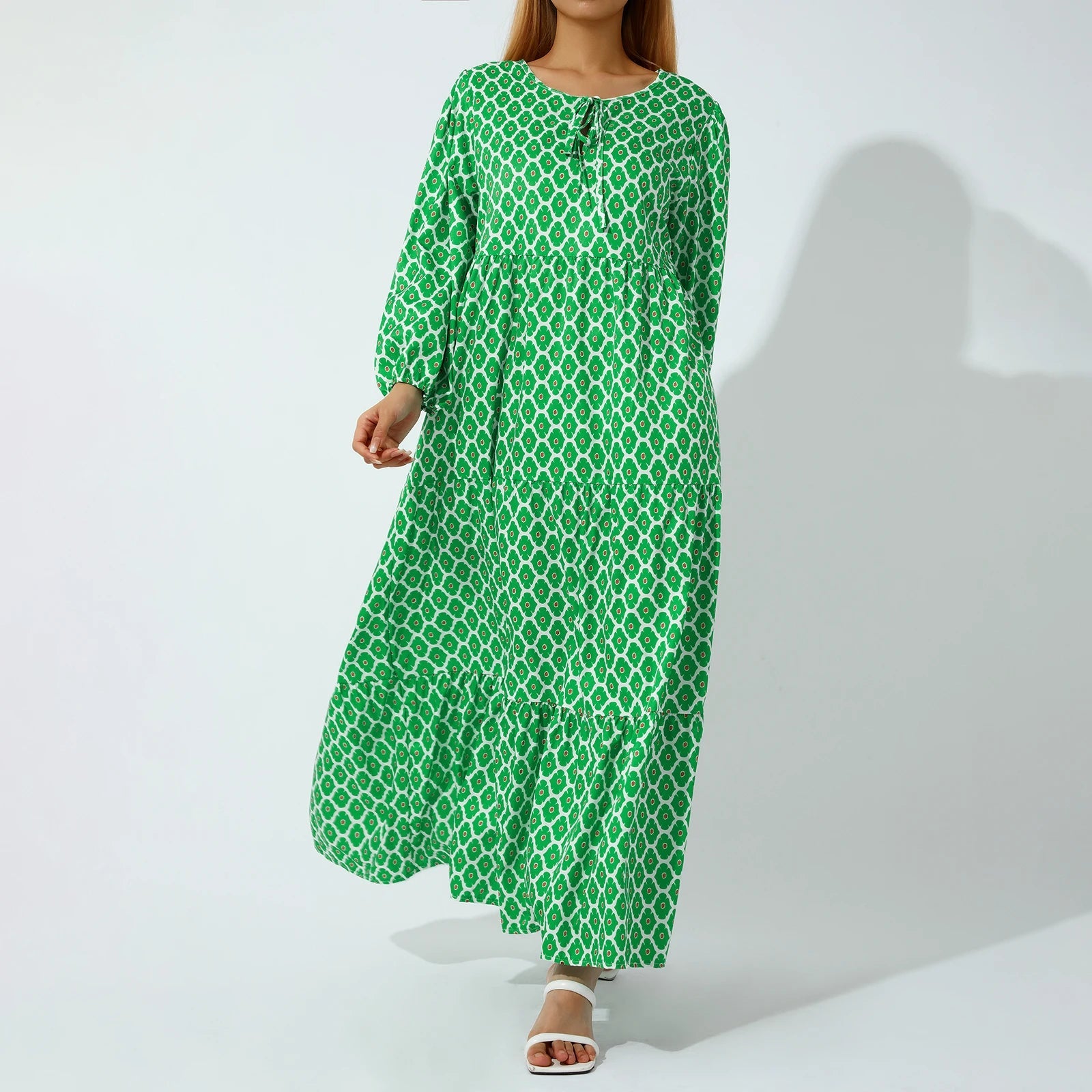 Elegant Geometric Print V-Neck Puff Sleeve Long Dress - Image 3