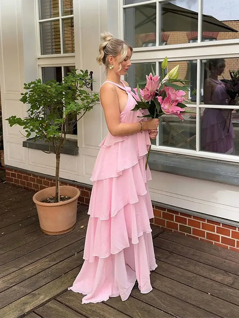 Elegant Summer Layered Ruffles V-Neck Backless Dress - Image 2