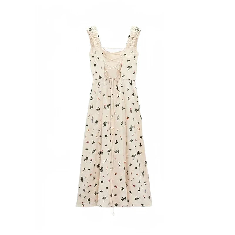 Embroidered Square Collar Sleeveless Backless Summer Dress - Image 3