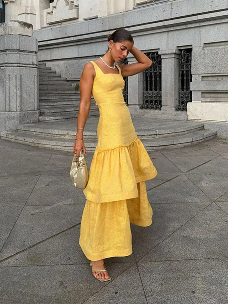 Elegant Square Collar Ruffle Dress for Women - Sleeveless, Backless - Image 4