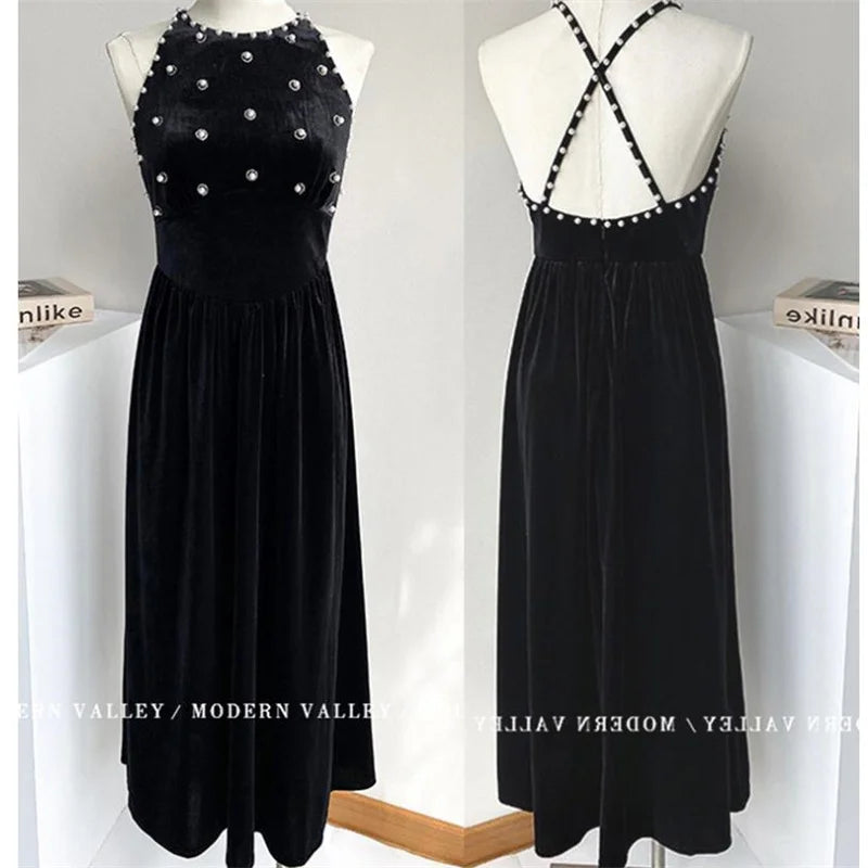 Elegant Velvet Pearl Backless Long Evening Dress - Image 2