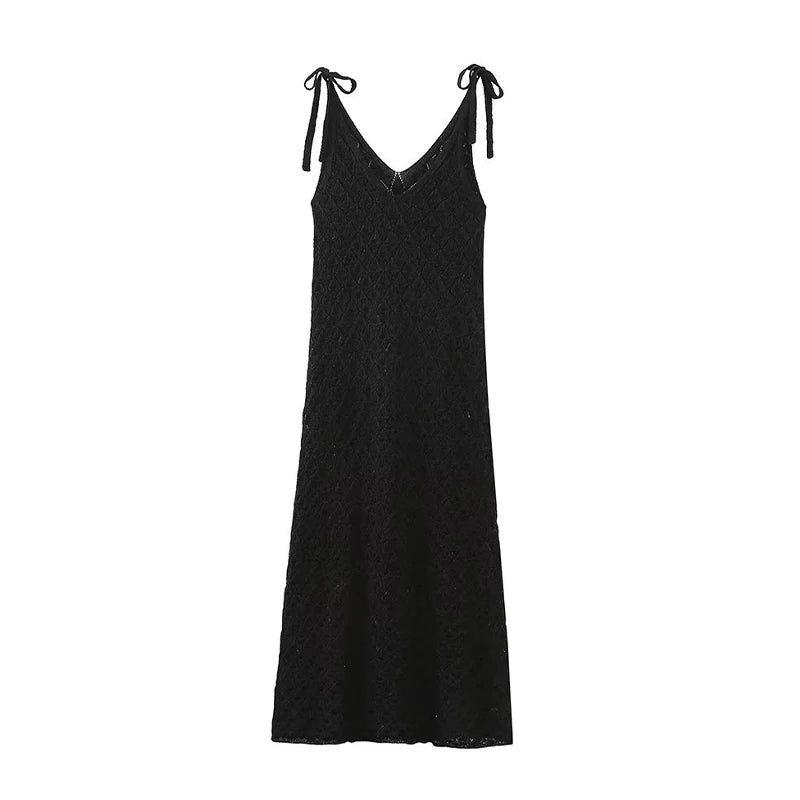 Summer V-Neck Lace-Up Hollow Out Knitted Dress - Image 4