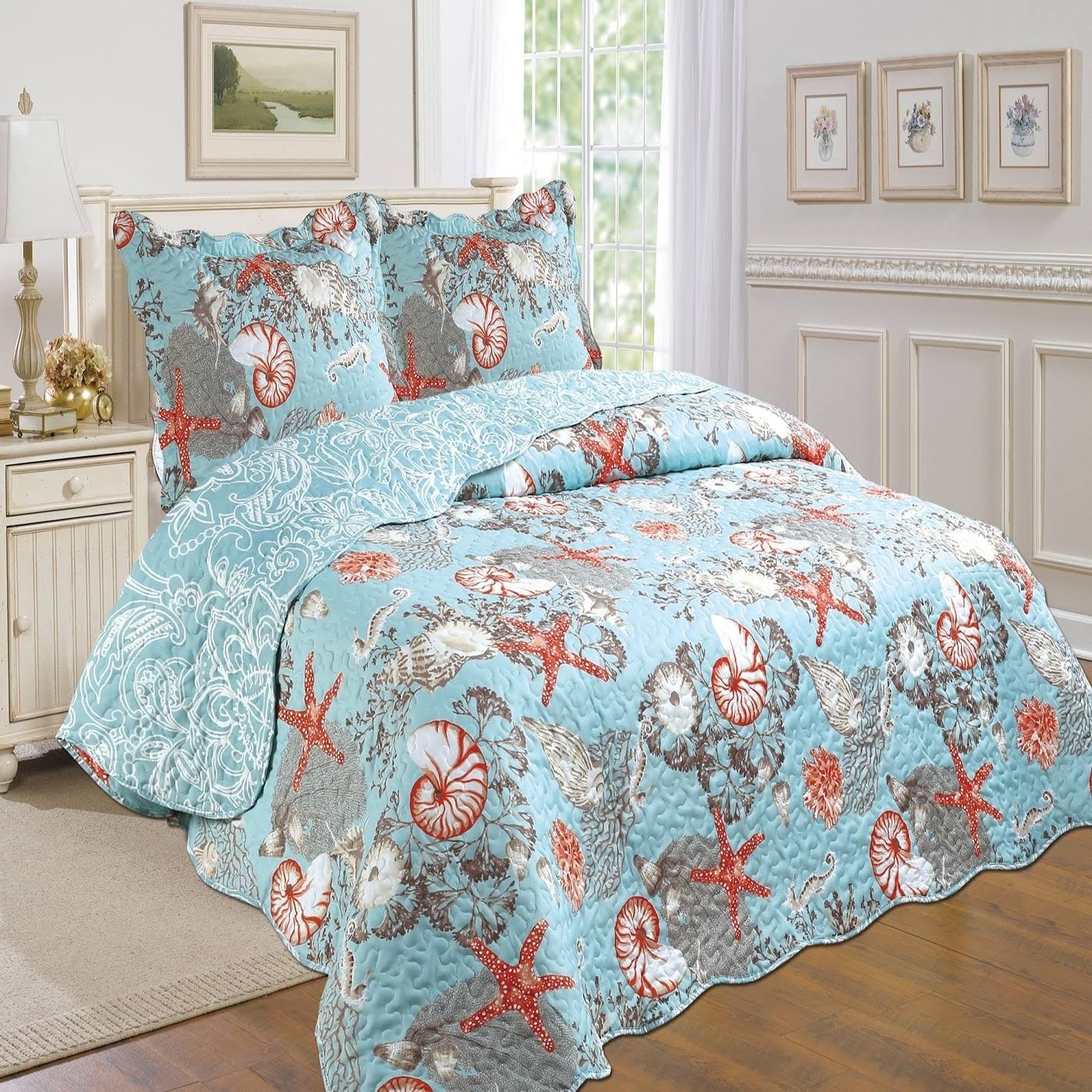 All for You 3-Piece Reversible Bedspread/Coverlet / Quilt Set - Coastal Print, King KKP1_F4BQP75