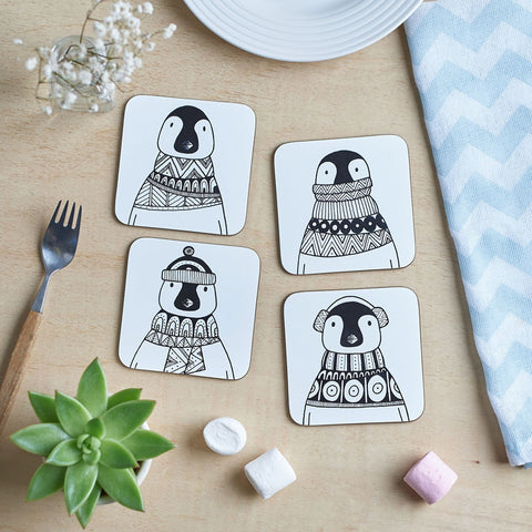 Set of 4 black and white penguin illustration coasters