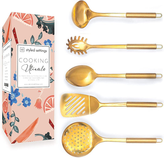 Gold Cooking Utensils with Gold Measuring Cups and Spoons Set - 23 Piece  Luxe White and Gold Kitchen Accessories Include Gold Metal Measuring Cups  and