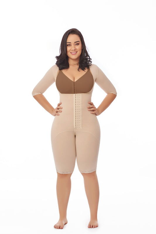 Braless full body above knee faja with sleeves and hook closure