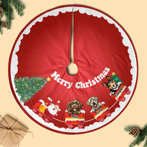 Dog-On-The-Christmas Train With Santa Personalized Christmas Pencil Tree Skirt