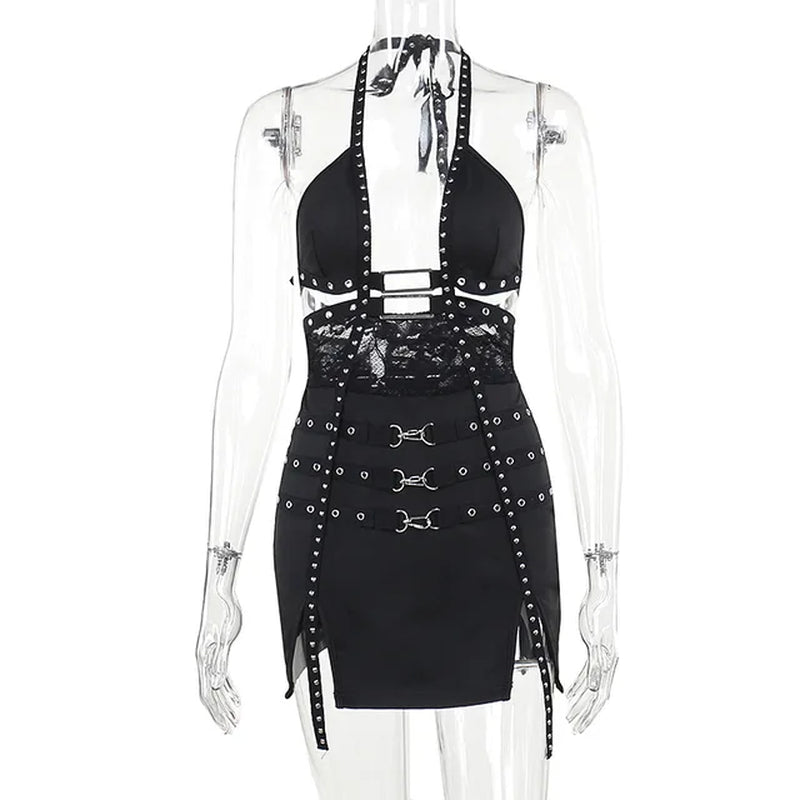 Sexy Black Women's Deep V Backless Studded Mini Dress