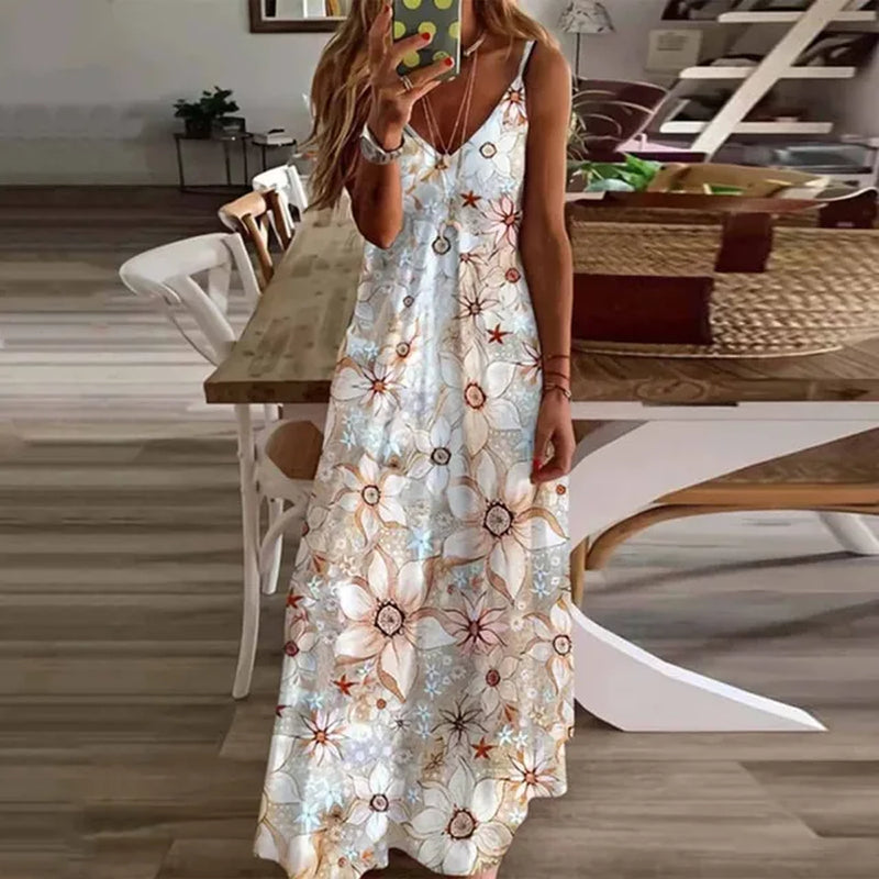Women's V-Neck Floral Print Suspender Dress, Casual Fashion Style