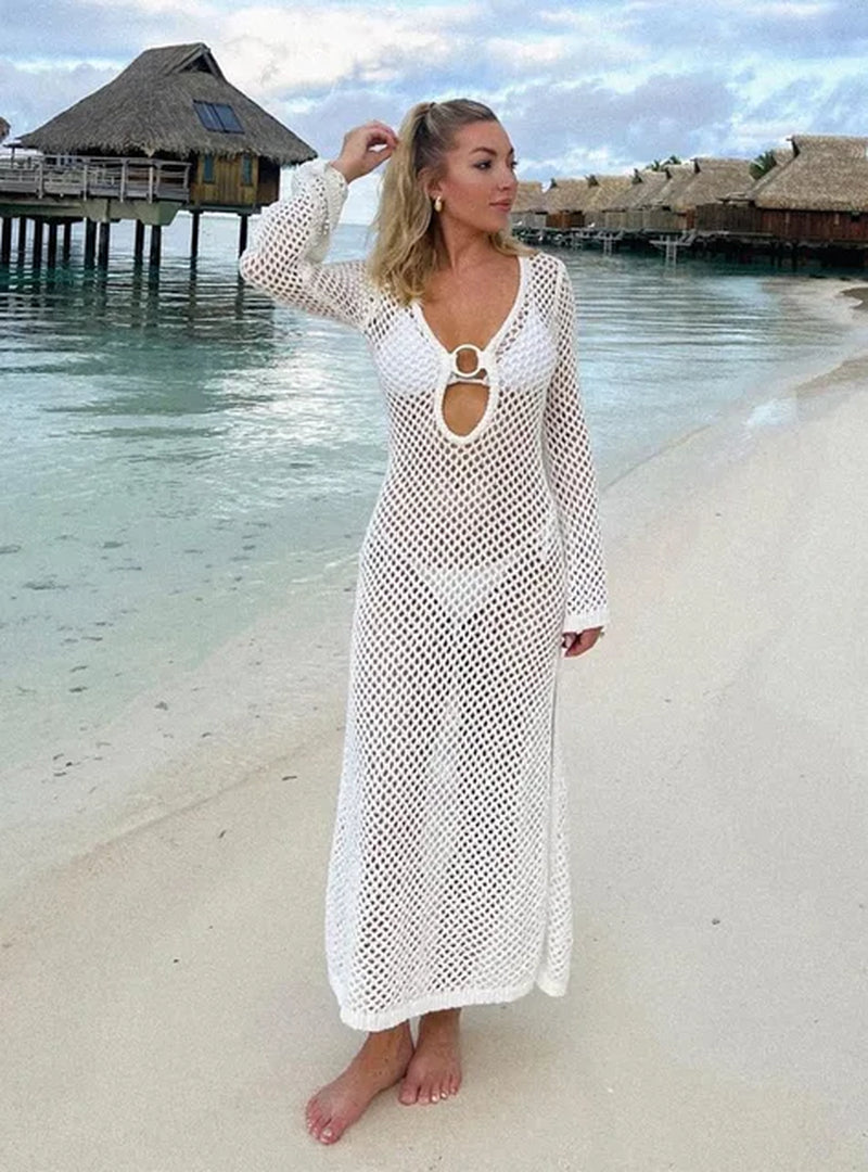 Elegant White Hollow Out Maxi Dress - Sexy Beachwear Dress