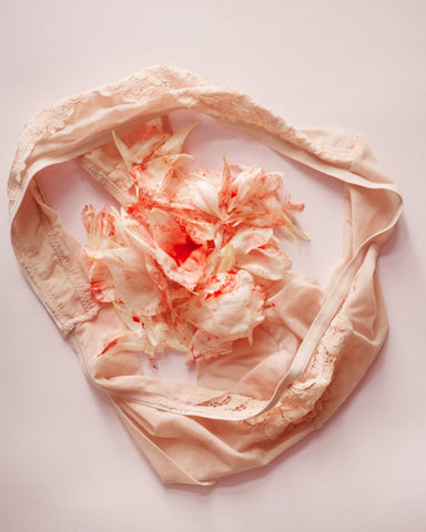 Weiße Rosenblüten mit Blut auf beiger Frauenunterwäsche mit rosa Hintergrund