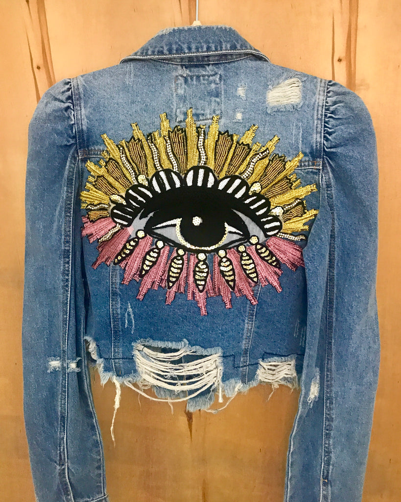 Evil Eye Embellished Denim Jacket, 42% OFF