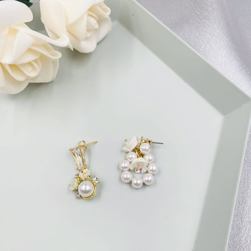 Asymmetrical Pearls and White Flower Earrings