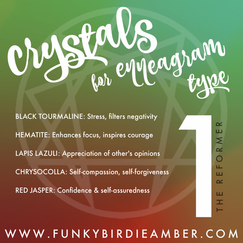 Crystals for Enneagram type one graphic with green and red background and white text
