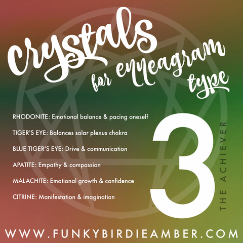 Ombre red and green graphic with information and crystal recs for enneagram 3 types