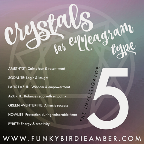 Gradient purple and greyish green background with white text giving crystals associated with enneagram type 5