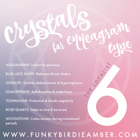 Pink fades to purple background info graphic with crystals for enneagram type 6